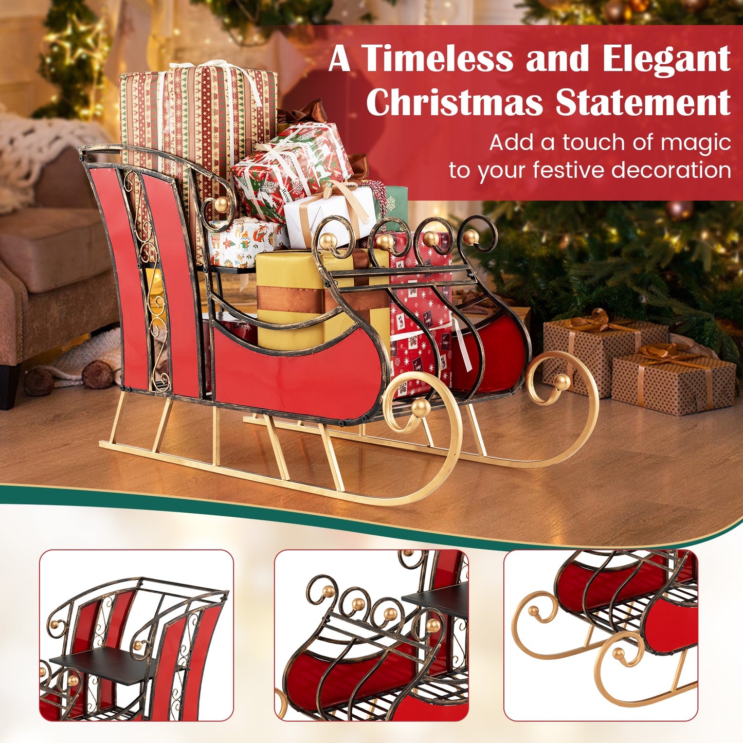 3 FT Christmas Metal Sleigh Decoration Santa Sleigh with 2-Tier Storage Shelf Christmas Decor & Accessories   at Gallery Canada