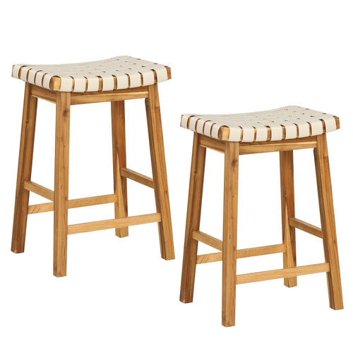 Faux PU Leather Bar Stools Set of 2 with Woven Curved Seat Natural-25.5 inches, Natural