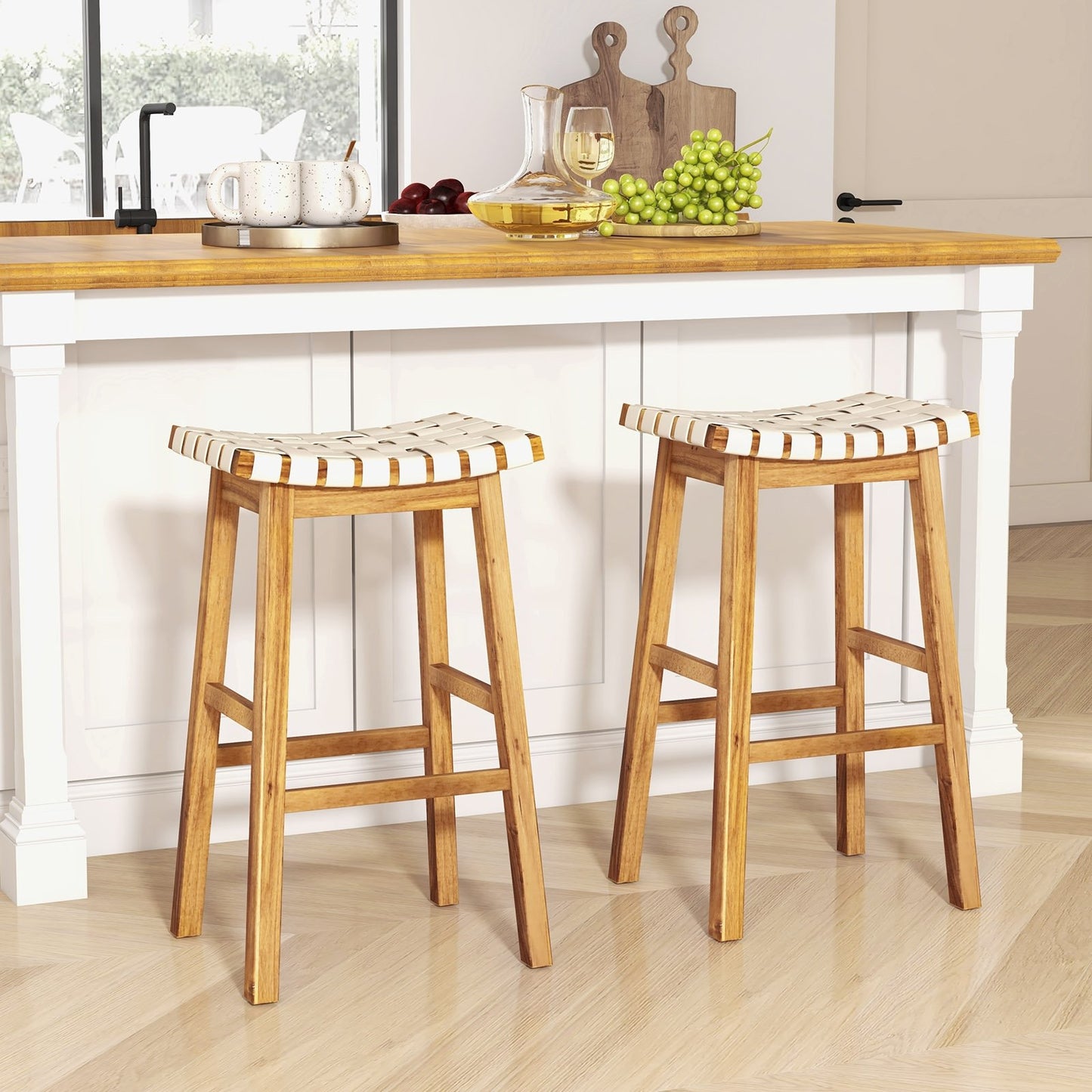 Faux PU Leather Bar Stools Set of 2 with Woven Curved Seat Natural-31 inches, Natural Bar Stools   at Gallery Canada