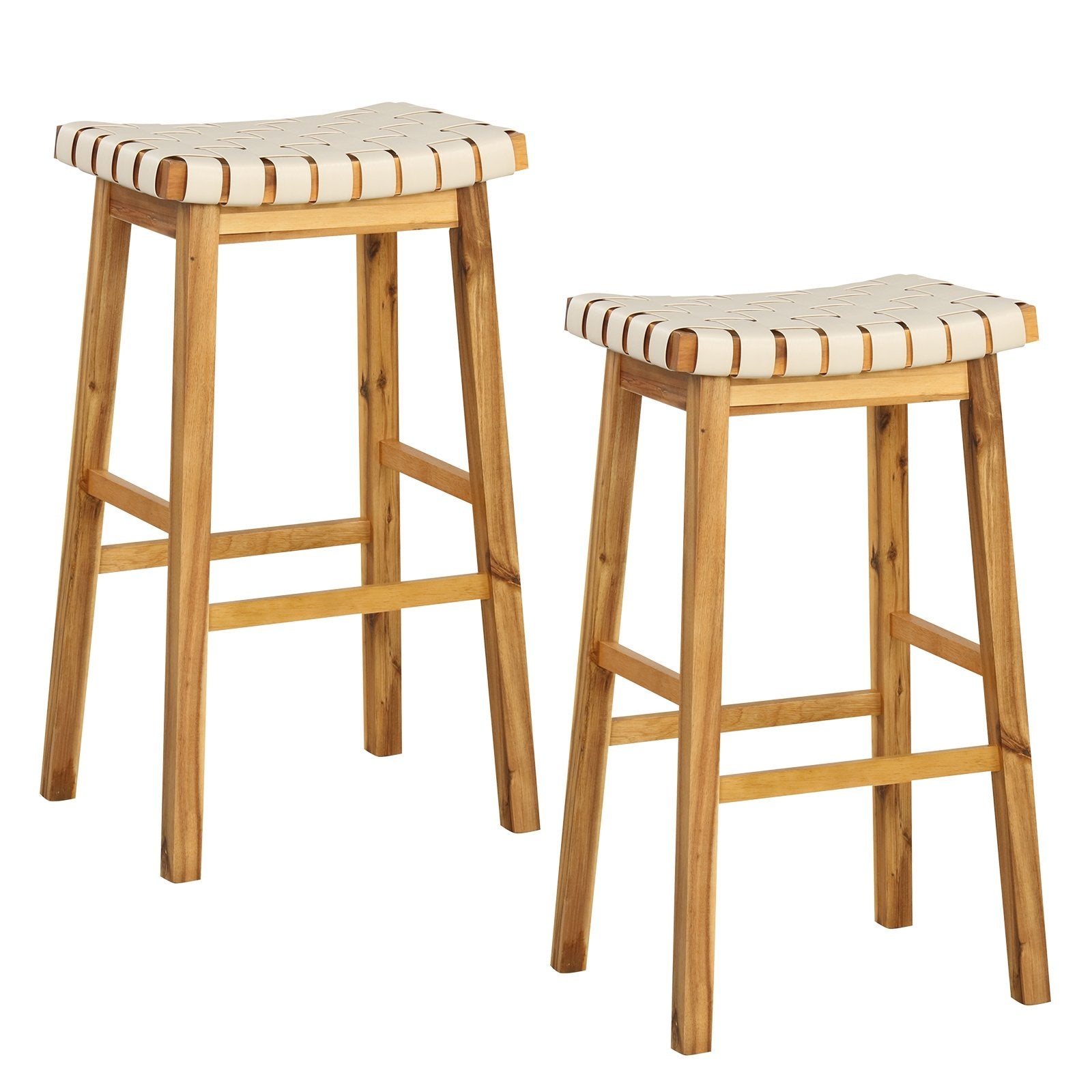 Faux PU Leather Bar Stools Set of 2 with Woven Curved Seat Natural-31 inches, Natural Bar Stools Set of 2 - 31 Inches  at Gallery Canada