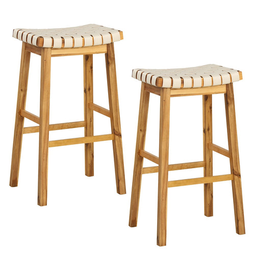 Faux PU Leather Bar Stools Set of 2 with Woven Curved Seat Natural-31 inches, Natural