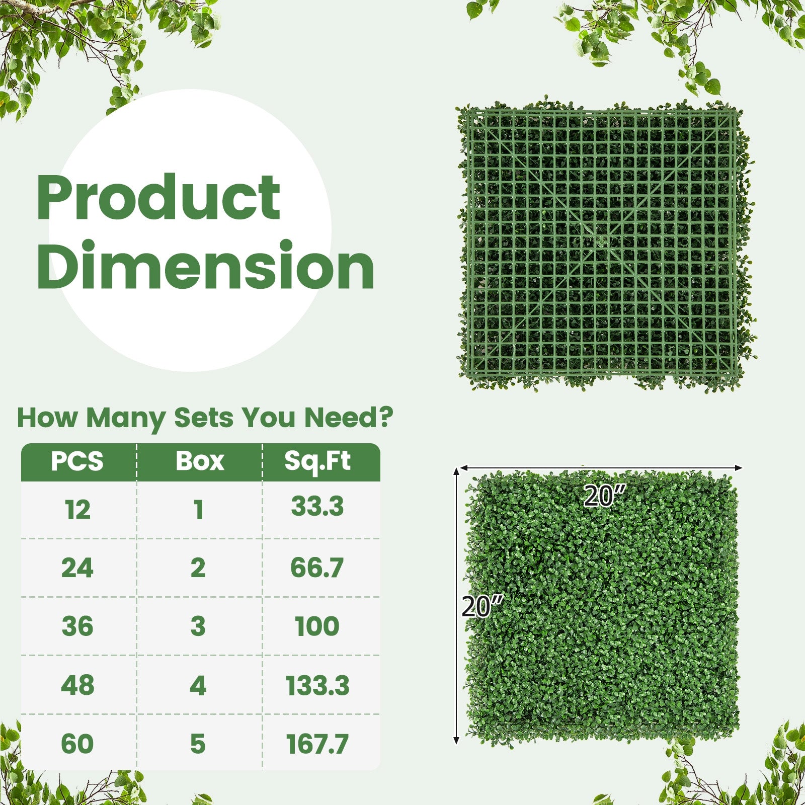 12 Pieces 20 x 20 Inch Artificial Boxwood Wall Panels with Insertable Branches, Green Decorative Fencing & Flooring   at Gallery Canada