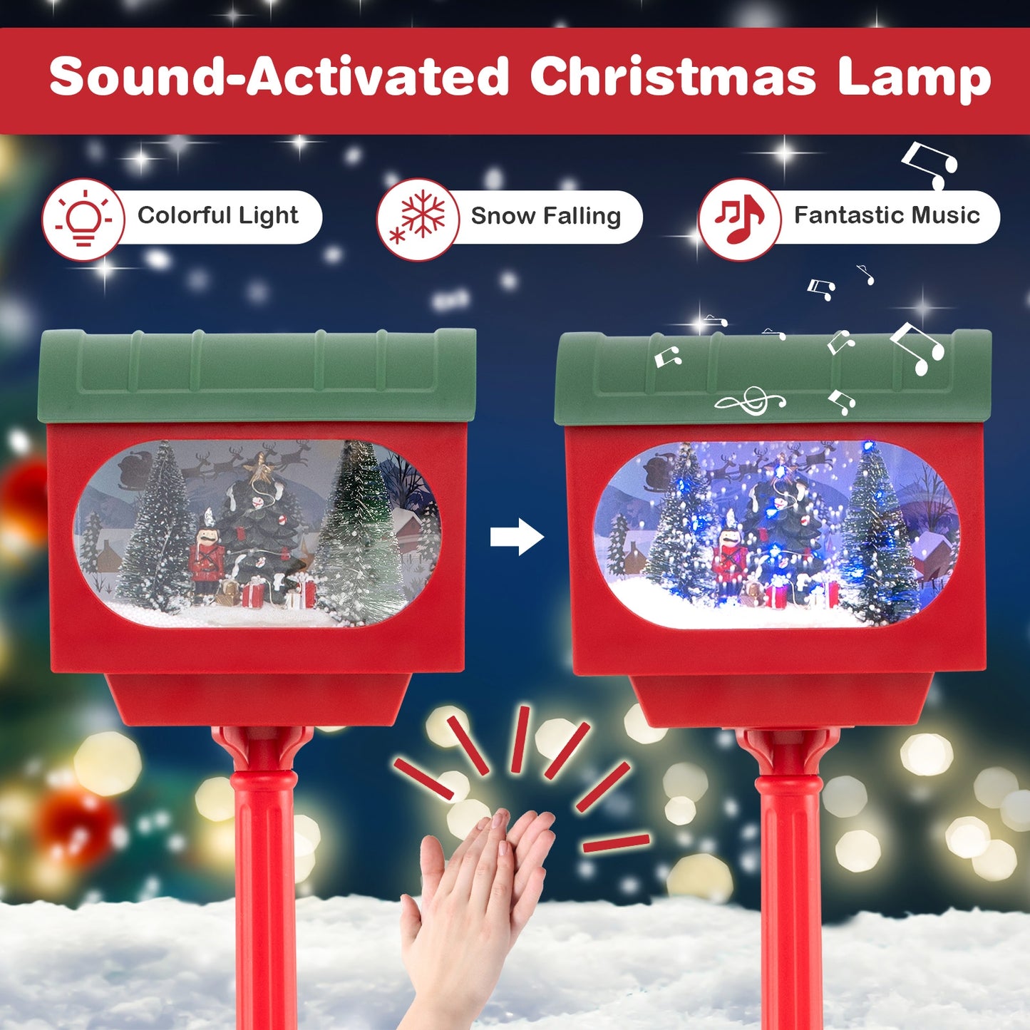 59 Inch Christmas Street Lamp with Sound-Activated Snow Globe Lantern, Red Christmas Decor & Accessories   at Gallery Canada