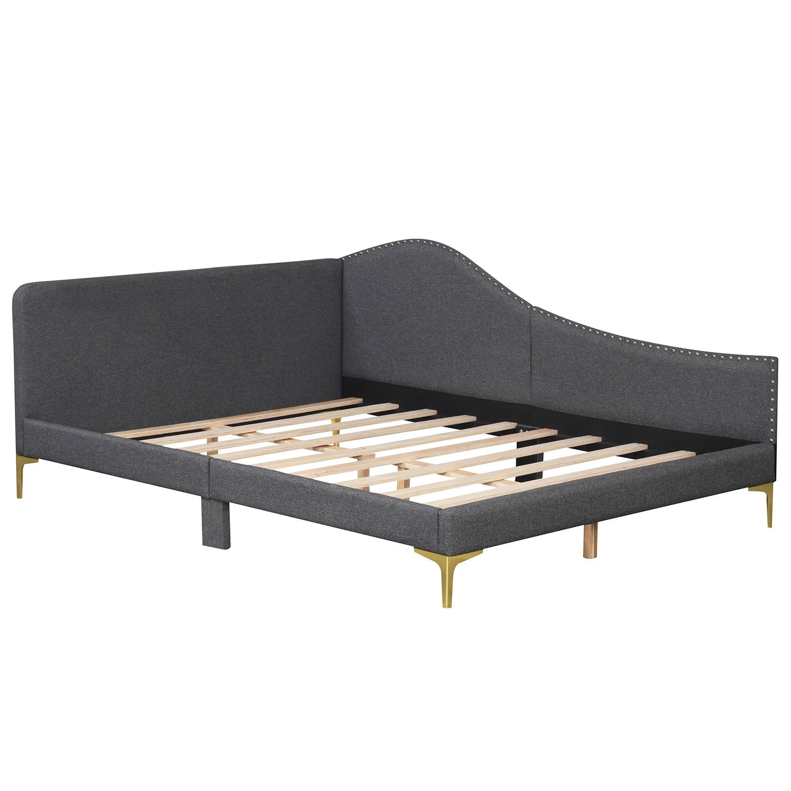 Full/Twin Size Rivet-Tufted Platform Bed with Metal Legs and Wood Slats-Full Size, Gray Simple Bed Frame Gray - Full Size  at Gallery Canada