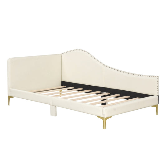 Full/Twin Size Upholstered Daybed with Metal Legs and Wood Slats-Twin Size, Beige Simple Bed Frame Beige  at Gallery Canada