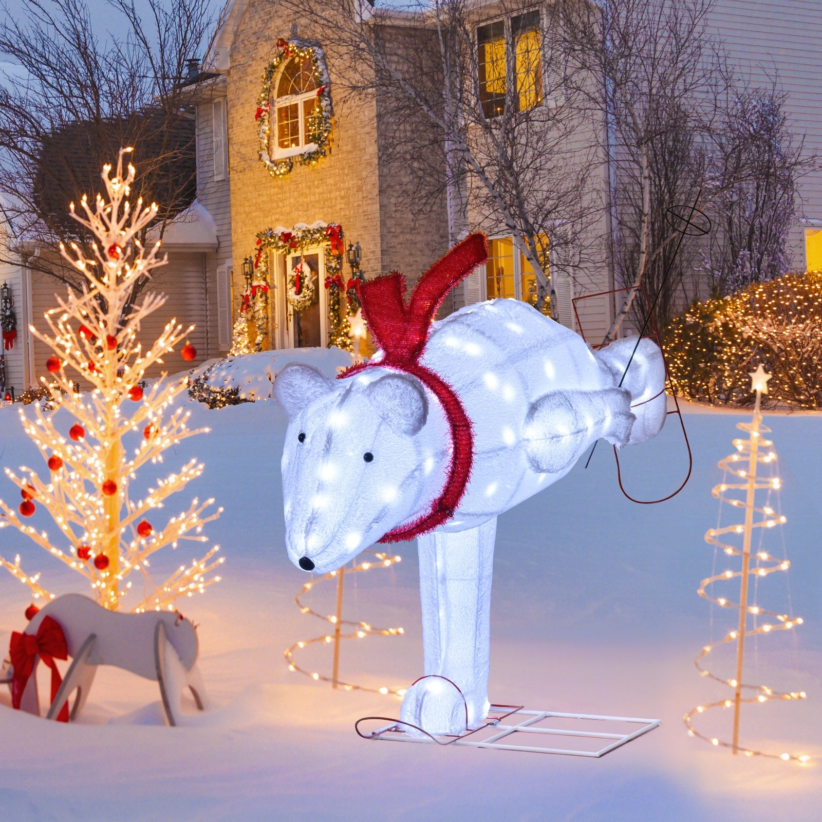 4.5 Feet Christmas Skiing Polar Bear with LED Lights and Ground Stakes, Red & White Christmas Decor & Accessories   at Gallery Canada