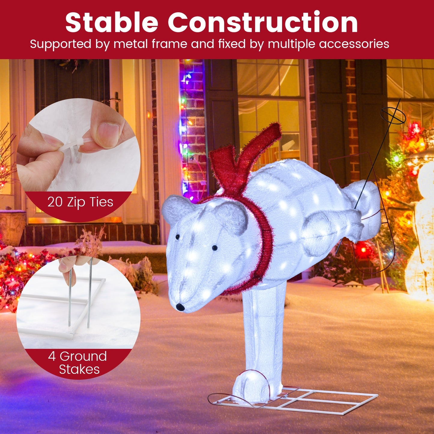 4.5 Feet Christmas Skiing Polar Bear with LED Lights and Ground Stakes, Red & White Christmas Decor & Accessories   at Gallery Canada