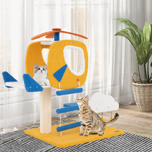 Indoor Small Aviation-themed Cat Tree Cat Tower with Helicopter Top Perch, Yellow Cat Trees Condos & Scratchers Yellow  at Gallery Canada