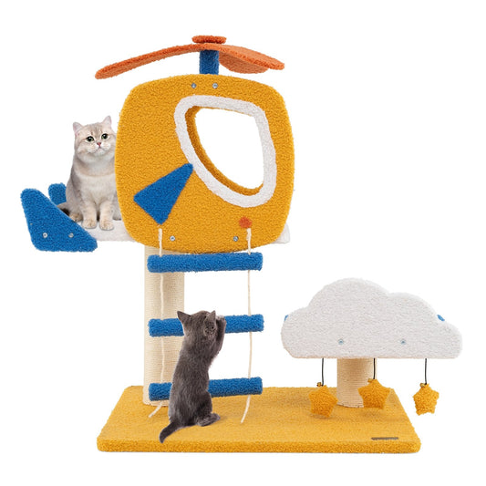 Indoor Small Aviation-themed Cat Tree Cat Tower with Helicopter Top Perch, Yellow Cat Trees Condos & Scratchers Yellow  at Gallery Canada