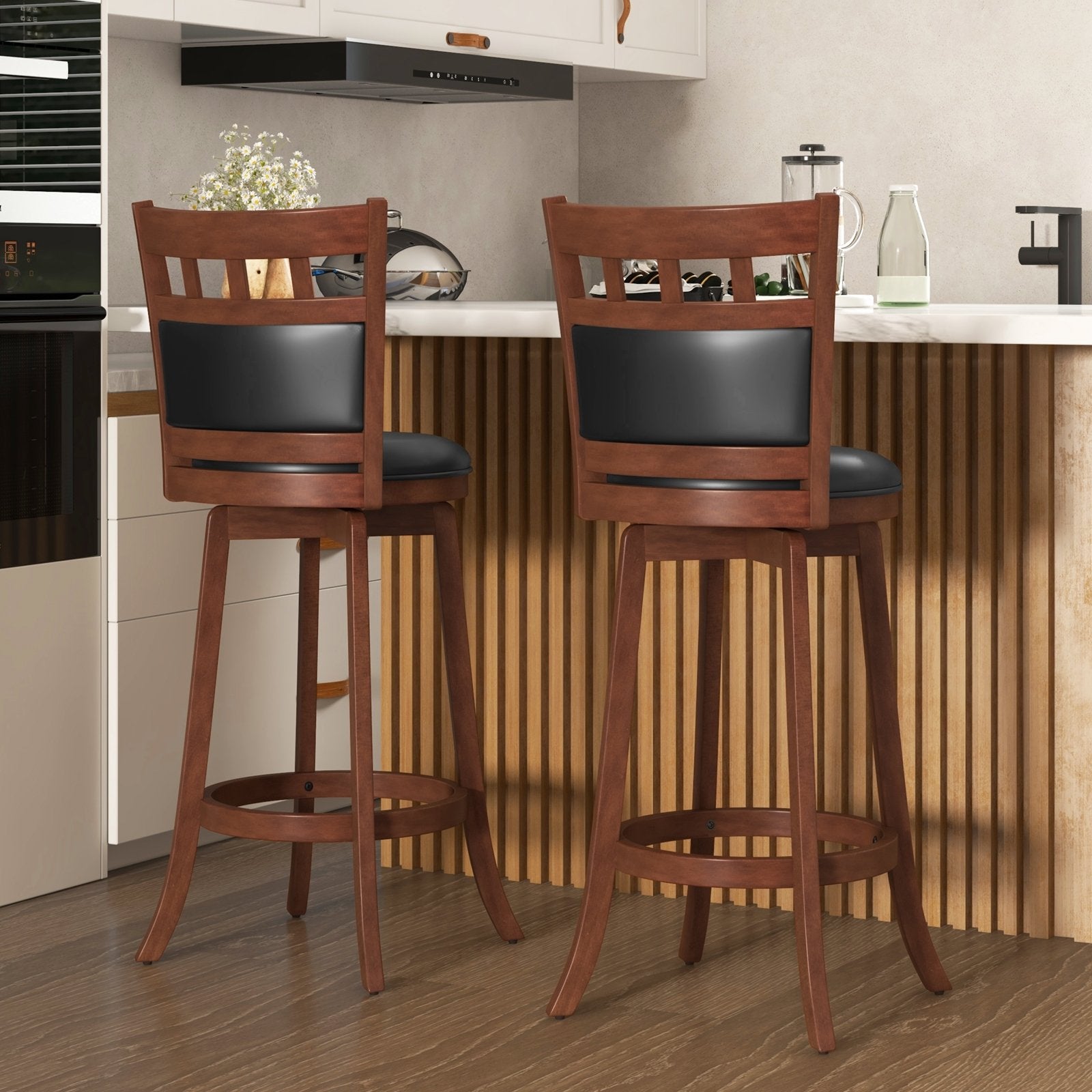 Wood Swivel Bar Stools Set of 2 with Faux Leather Upholstered Seat and Back, Brown Bar Stools   at Gallery Canada