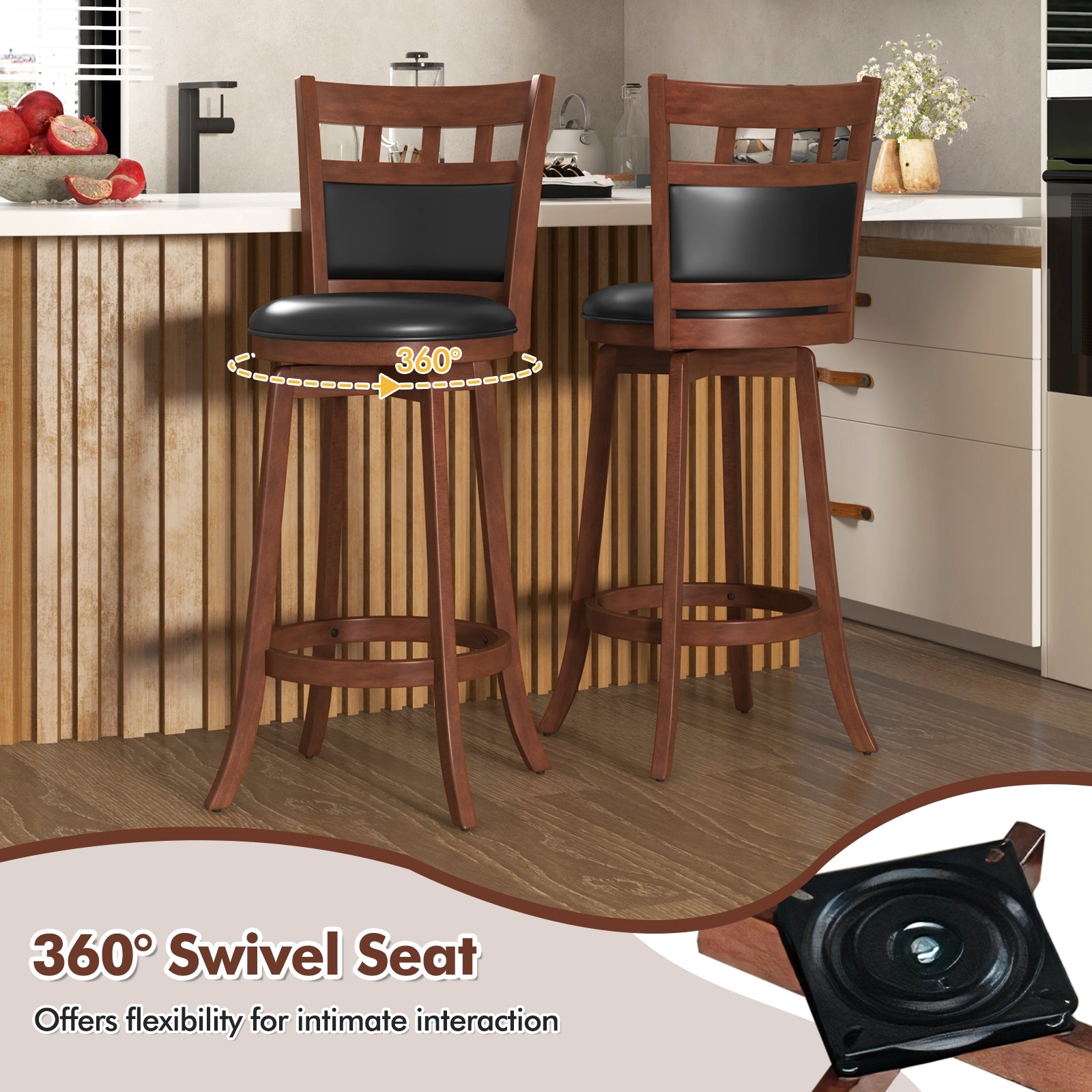 Wood Swivel Bar Stools Set of 2 with Faux Leather Upholstered Seat and Back, Brown Bar Stools   at Gallery Canada