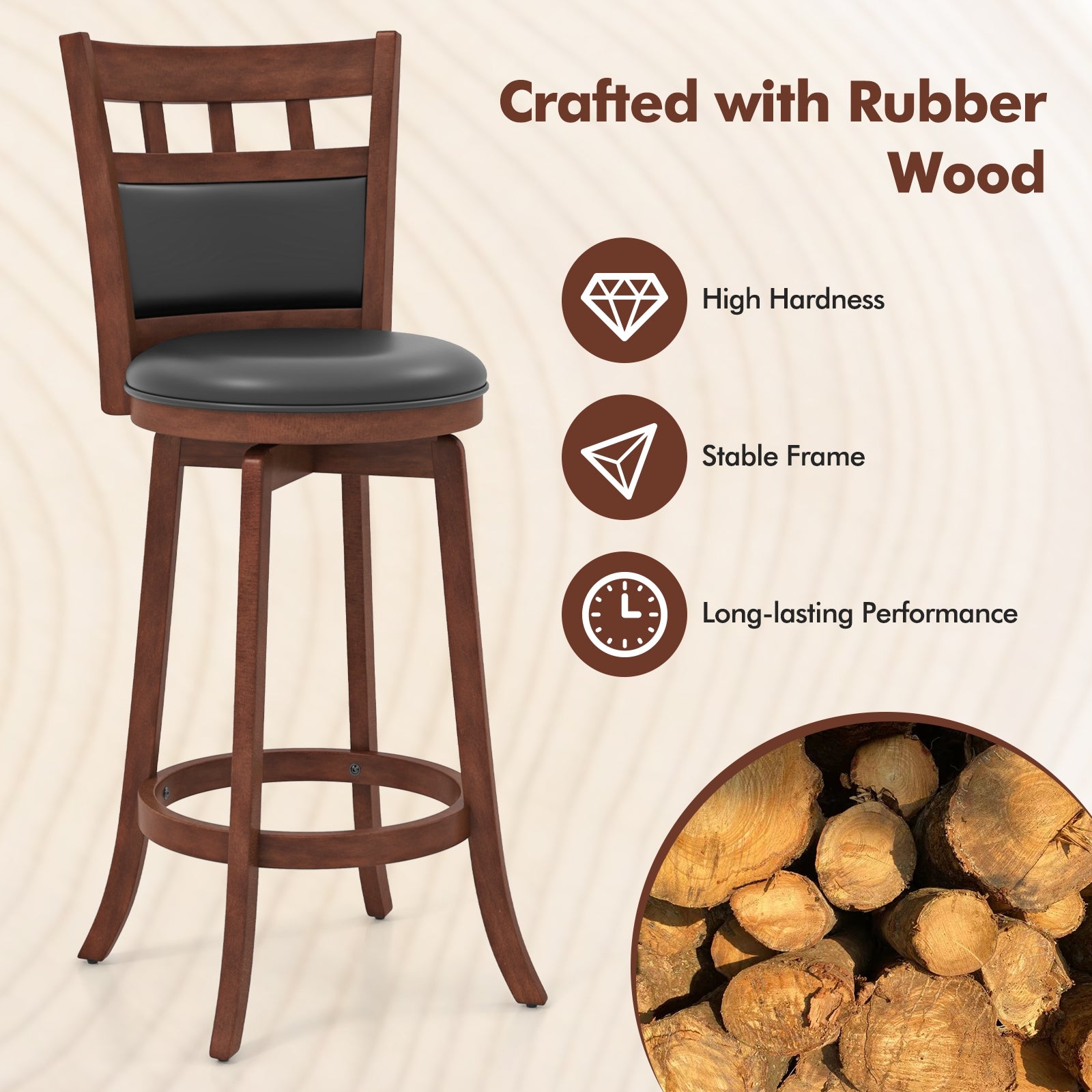 Wood Swivel Bar Stools Set of 2 with Faux Leather Upholstered Seat and Back, Brown Bar Stools   at Gallery Canada