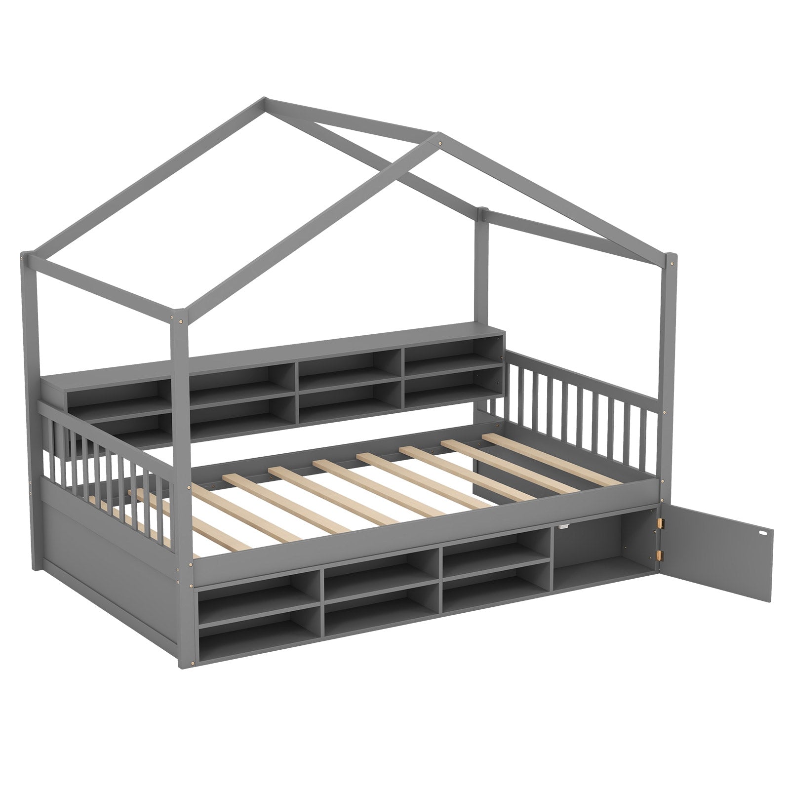 Twin Size House Bed with Roof with 14 Storage Cubes and Enclosed Cabinet, Gray Trundle Bed Frame Gray  at Gallery Canada