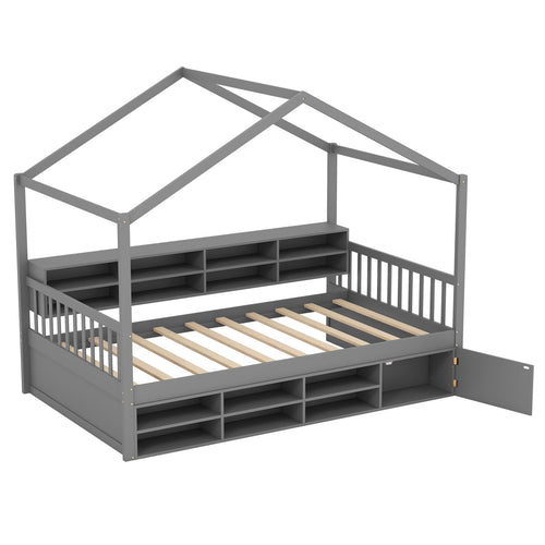 Twin Size House Bed with Roof with 14 Storage Cubes and Enclosed Cabinet, Gray