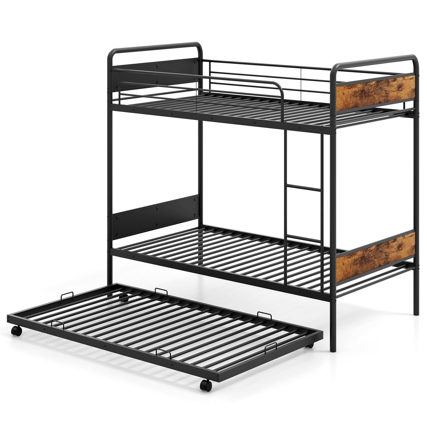 Twin Over Twin Bunk Bed with Trundle with Ladder and Full-length Guardrails, Black Trundle Bed Frame Black  at Gallery Canada