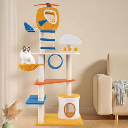 70 Inch Tall Aviation-themed Cat Tree with Helicopter Top Perch and Platforms, Yellow Cat Trees Condos & Scratchers   at Gallery Canada