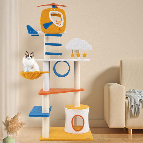 70 Inch Tall Aviation-themed Cat Tree with Helicopter Top Perch and Platforms, Yellow