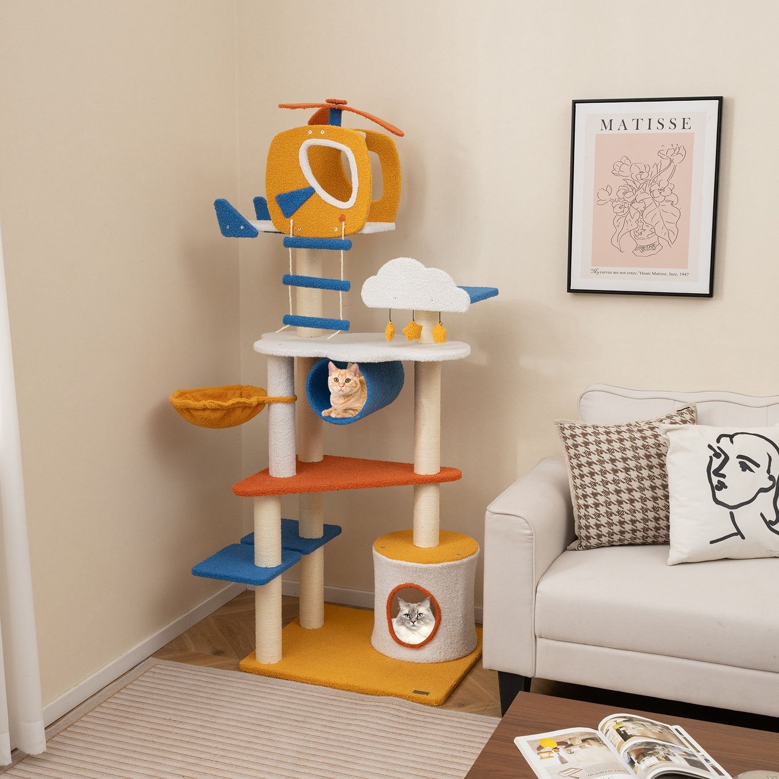 70 Inch Tall Aviation-themed Cat Tree with Helicopter Top Perch and Platforms, Yellow Cat Trees Condos & Scratchers   at Gallery Canada