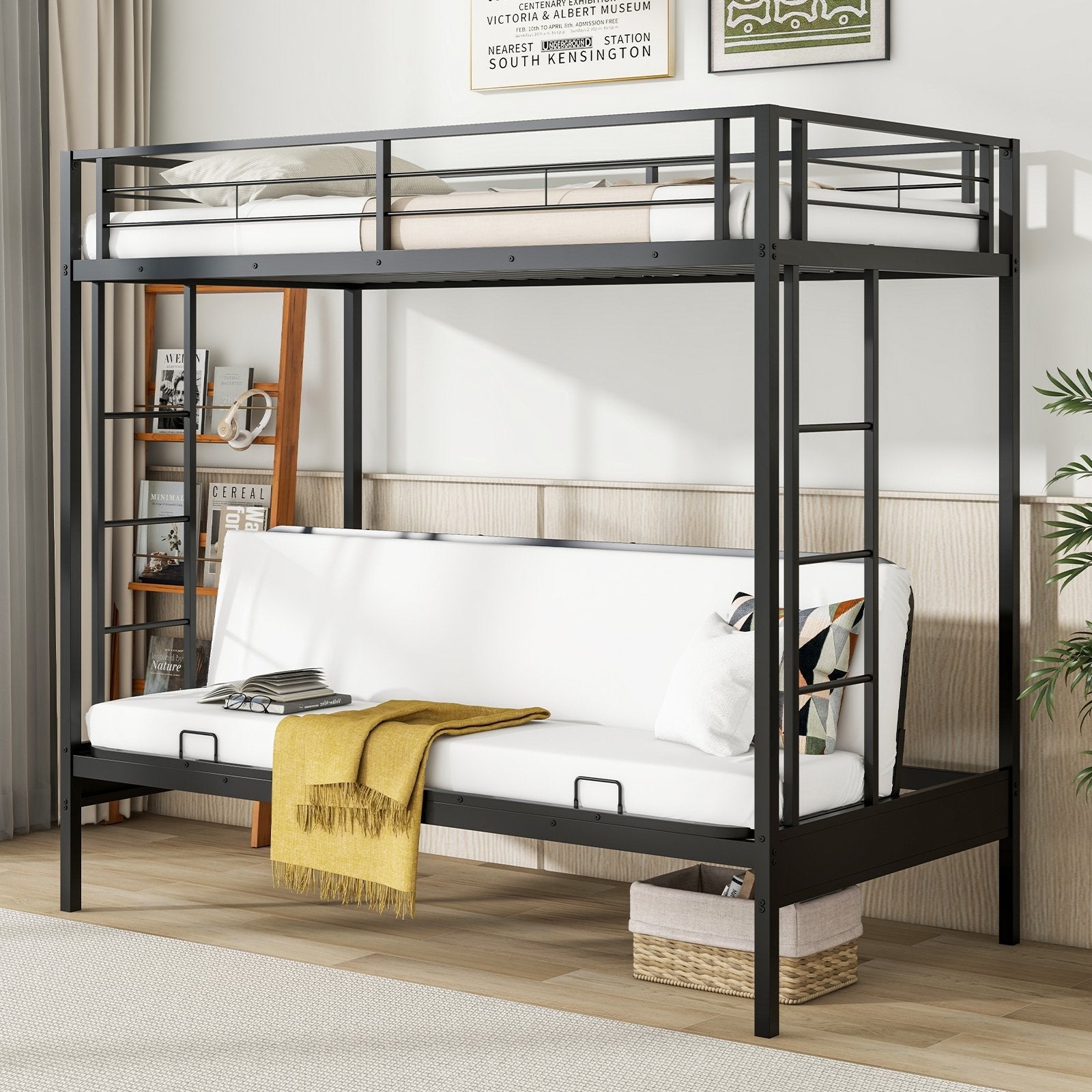 Twin Over Futon Bunk Bed with 2 Ladders and Safety Guardrails, Black Trundle Bed Frame   at Gallery Canada