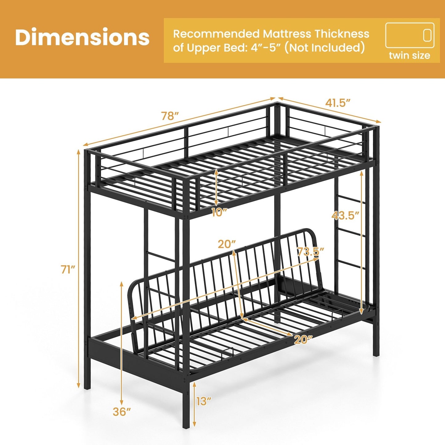 Twin Over Futon Bunk Bed with 2 Ladders and Safety Guardrails, Black Trundle Bed Frame   at Gallery Canada