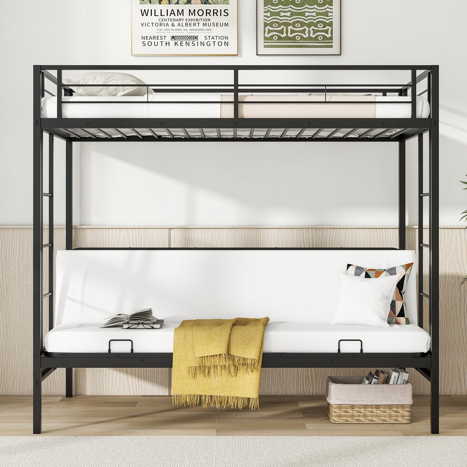 Twin Over Futon Bunk Bed with 2 Ladders and Safety Guardrails, Black Trundle Bed Frame   at Gallery Canada