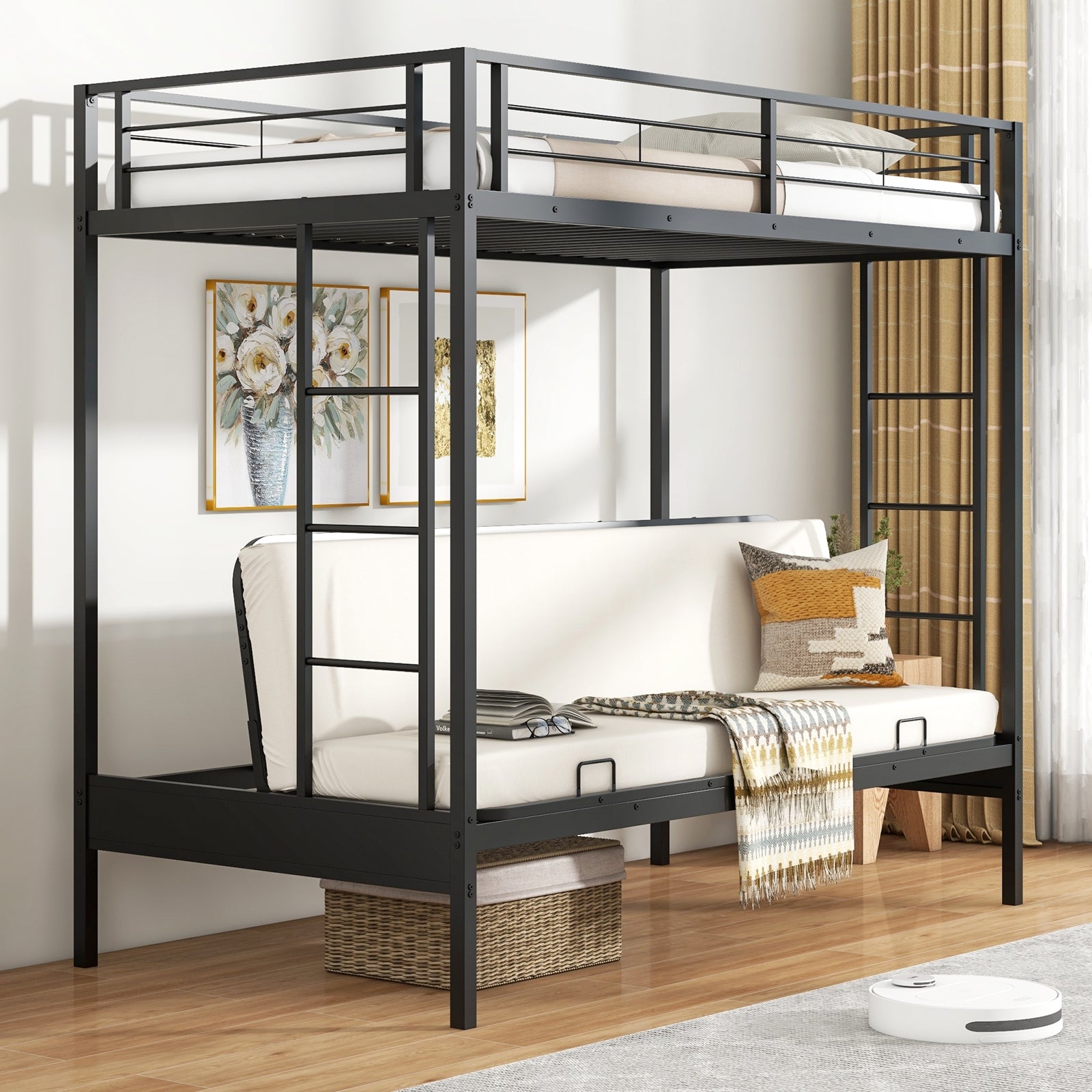 Twin Over Futon Bunk Bed with 2 Ladders and Safety Guardrails, Black Trundle Bed Frame   at Gallery Canada