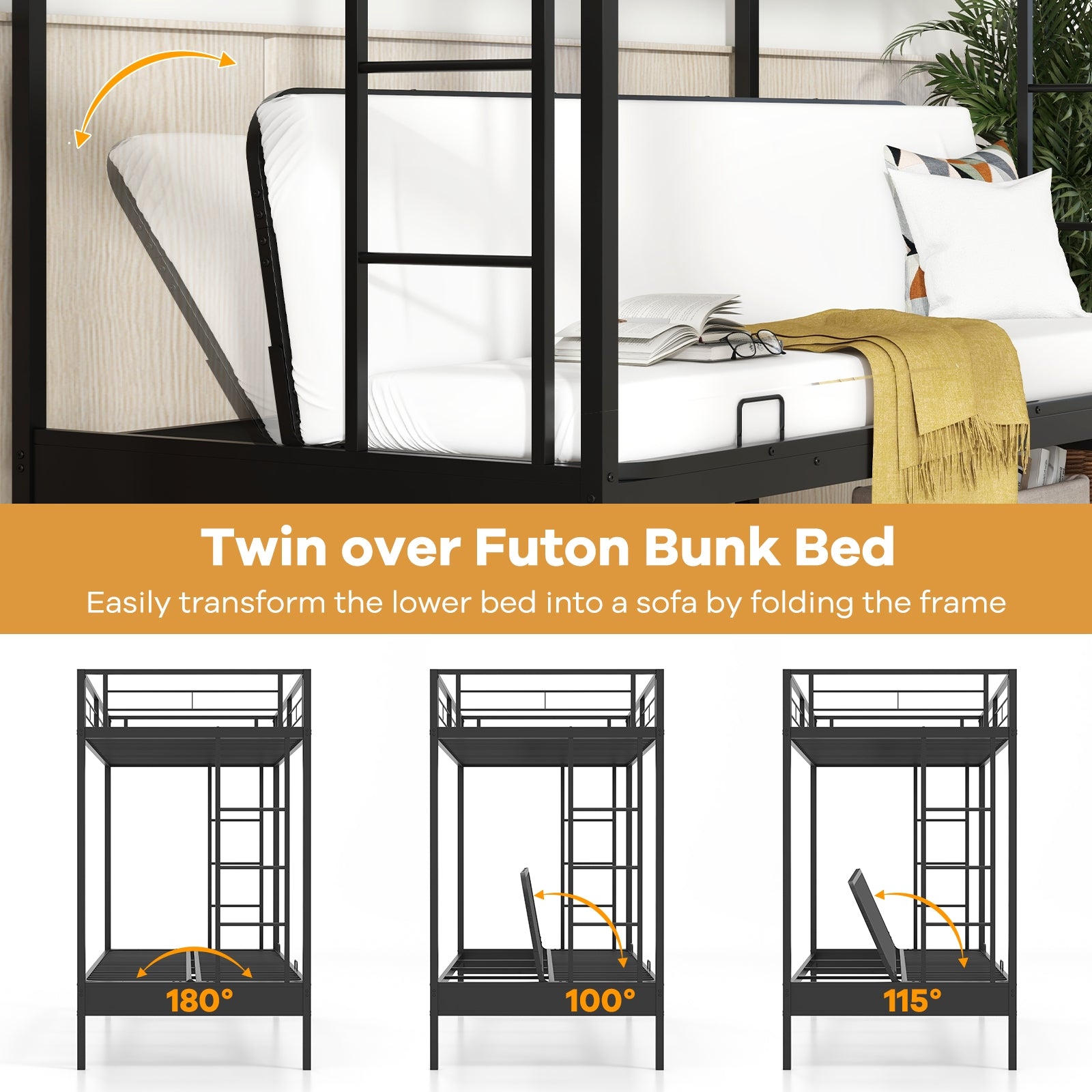 Twin Over Futon Bunk Bed with 2 Ladders and Safety Guardrails, Black Trundle Bed Frame   at Gallery Canada