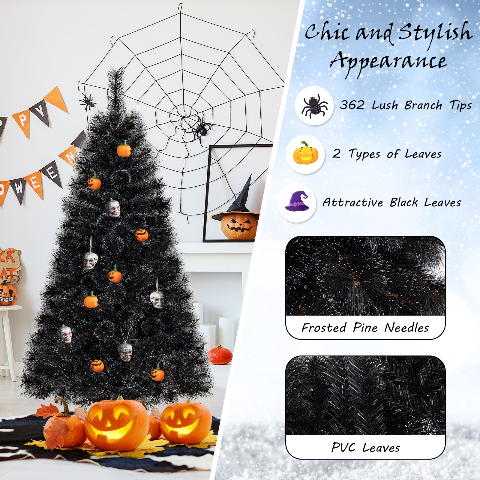 6/7/8 Feet Black Artificial Halloween Christmas Tree with PVC Branch Tips and 210/320/450 Cool White LED Lights-S Christmas Tree   at Gallery Canada