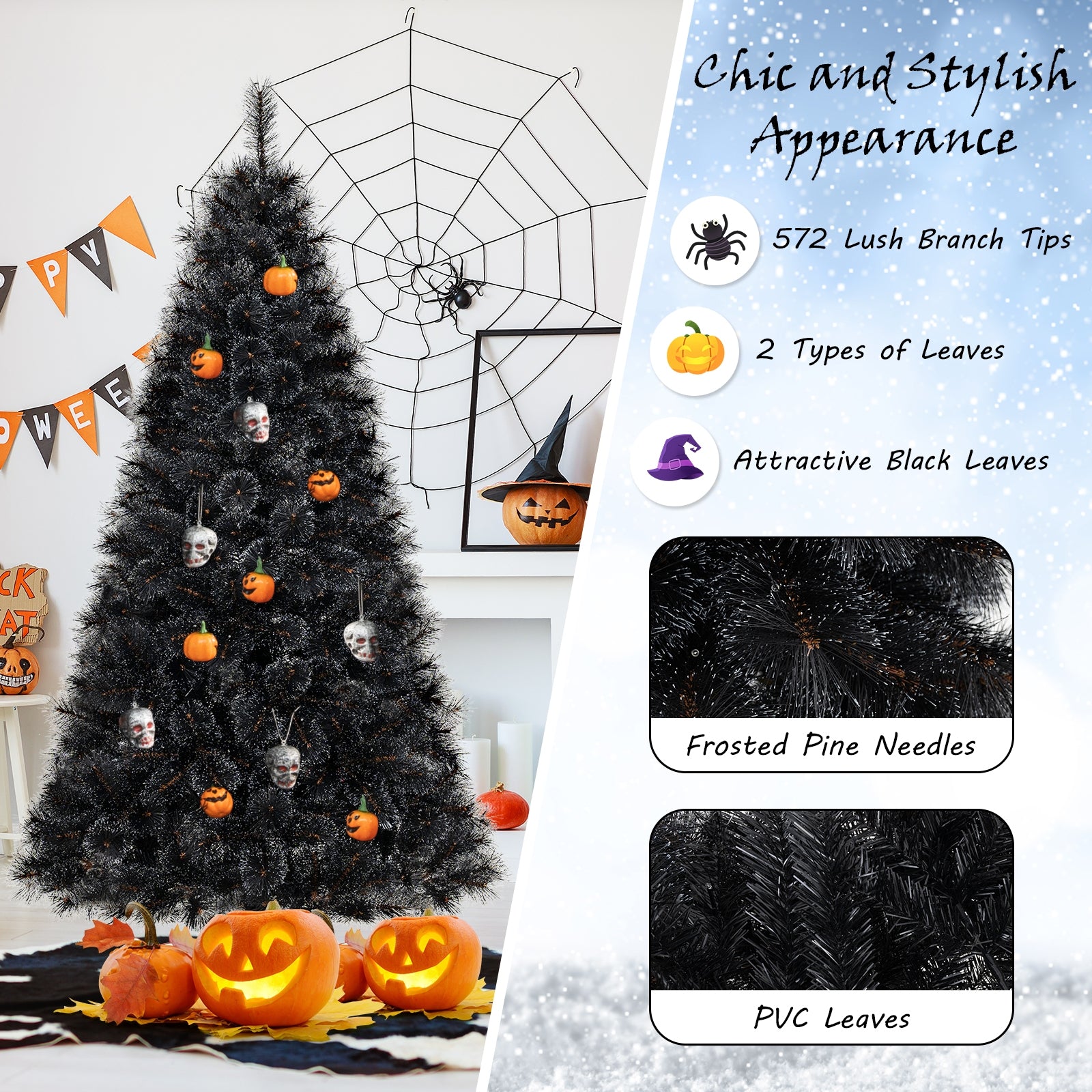 6/7/8 Feet Black Artificial Halloween Christmas Tree with PVC Branch Tips and 210/320/450 Cool White LED Lights-M Christmas Tree   at Gallery Canada