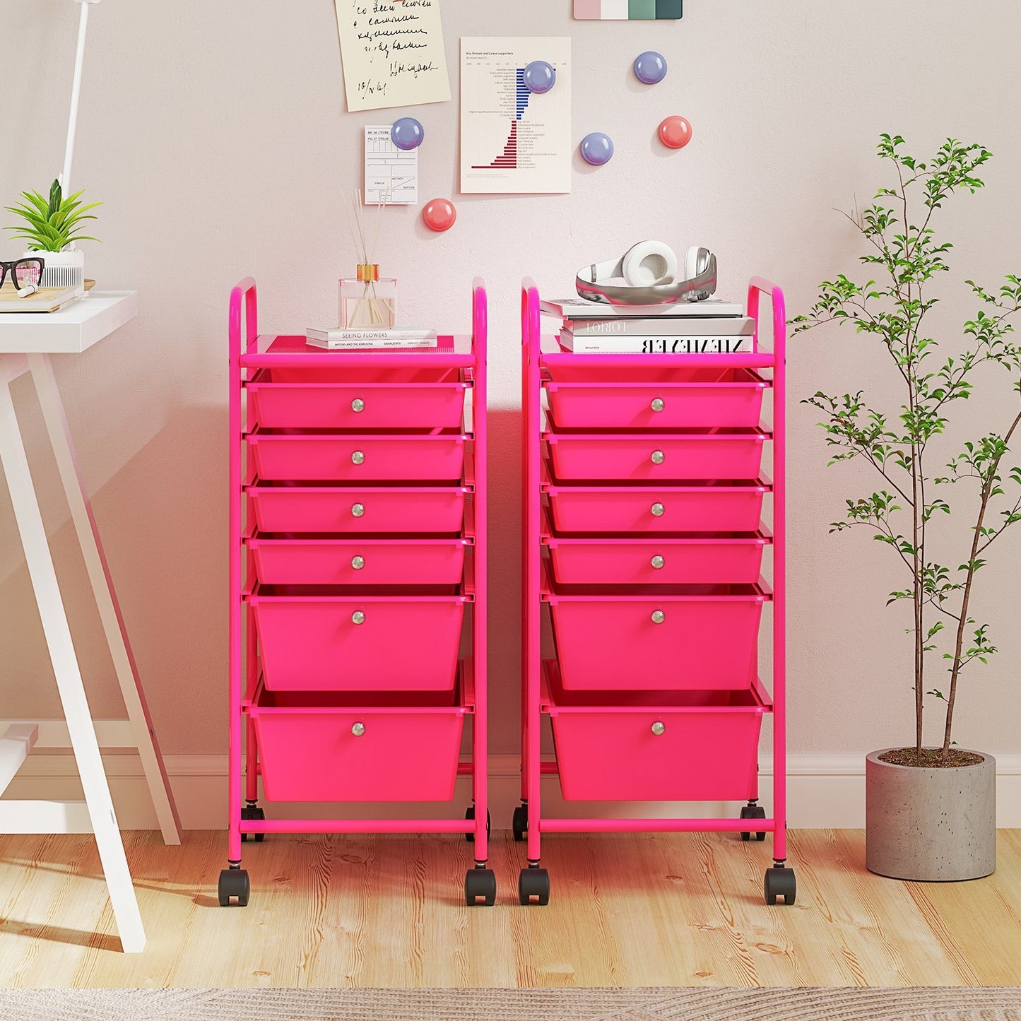 Multifunctional 6 Drawers Rolling Storage Cart Organizer, Rose Red File Cabinets   at Gallery Canada