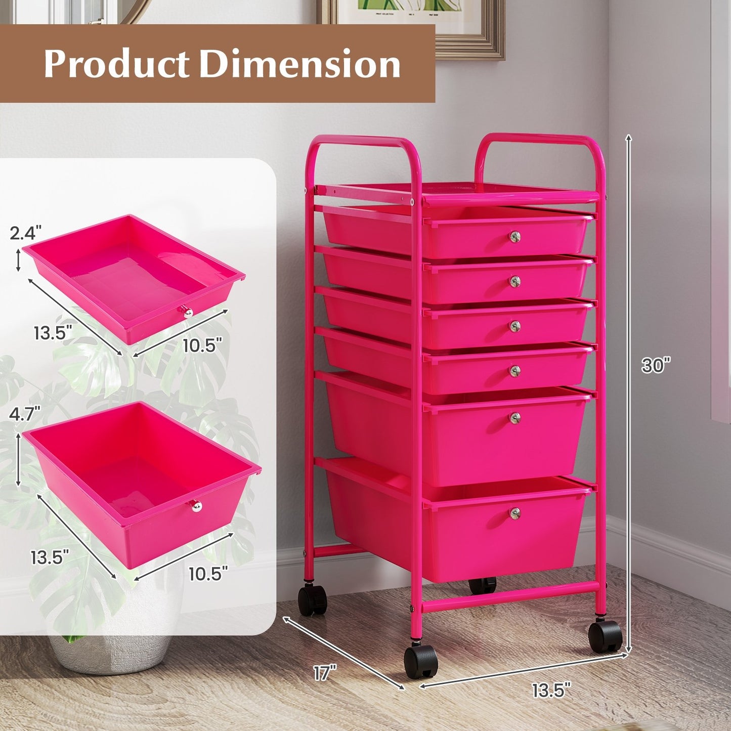 Multifunctional 6 Drawers Rolling Storage Cart Organizer, Rose Red File Cabinets   at Gallery Canada