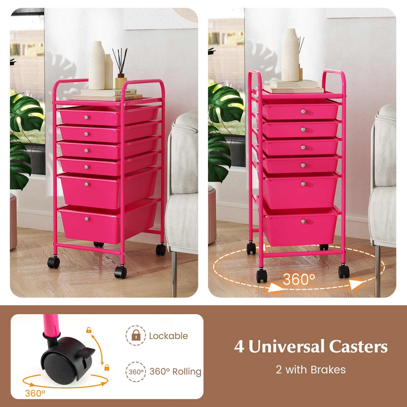 Multifunctional 6 Drawers Rolling Storage Cart Organizer, Rose Red File Cabinets   at Gallery Canada