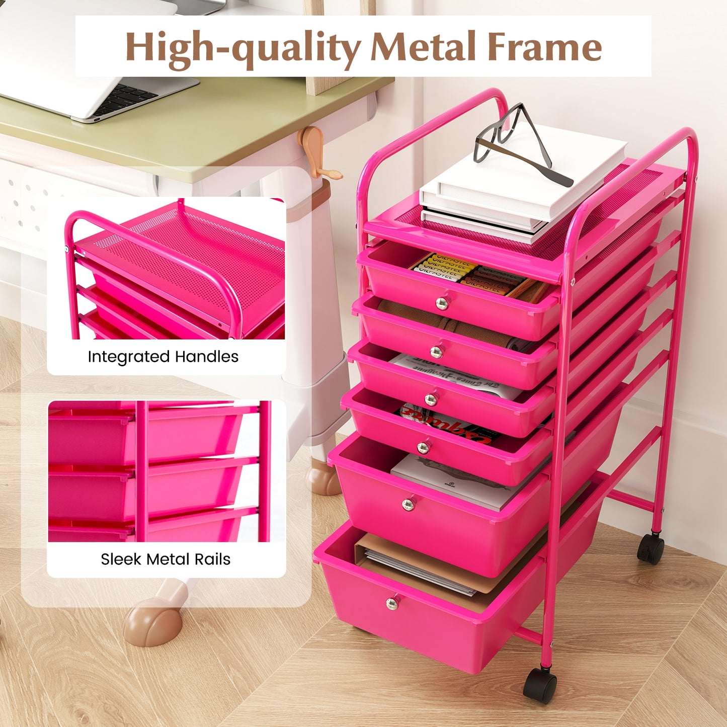 Multifunctional 6 Drawers Rolling Storage Cart Organizer, Rose Red File Cabinets   at Gallery Canada