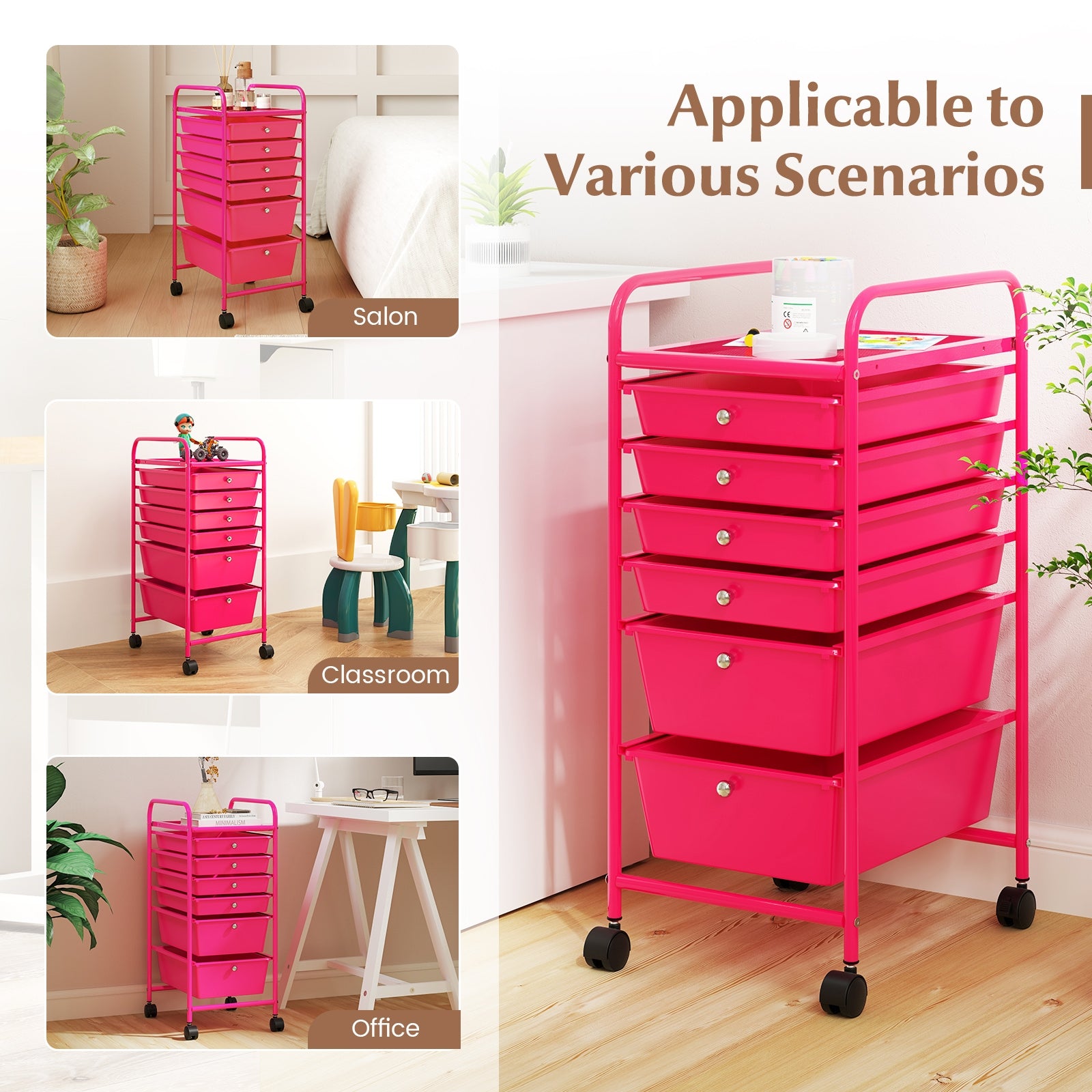 Multifunctional 6 Drawers Rolling Storage Cart Organizer, Rose Red File Cabinets   at Gallery Canada