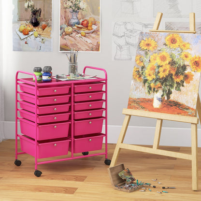 12-Drawer Rolling Storage Cart with Removable Drawers and Lockable Wheels, Rose Red File Cabinets   at Gallery Canada