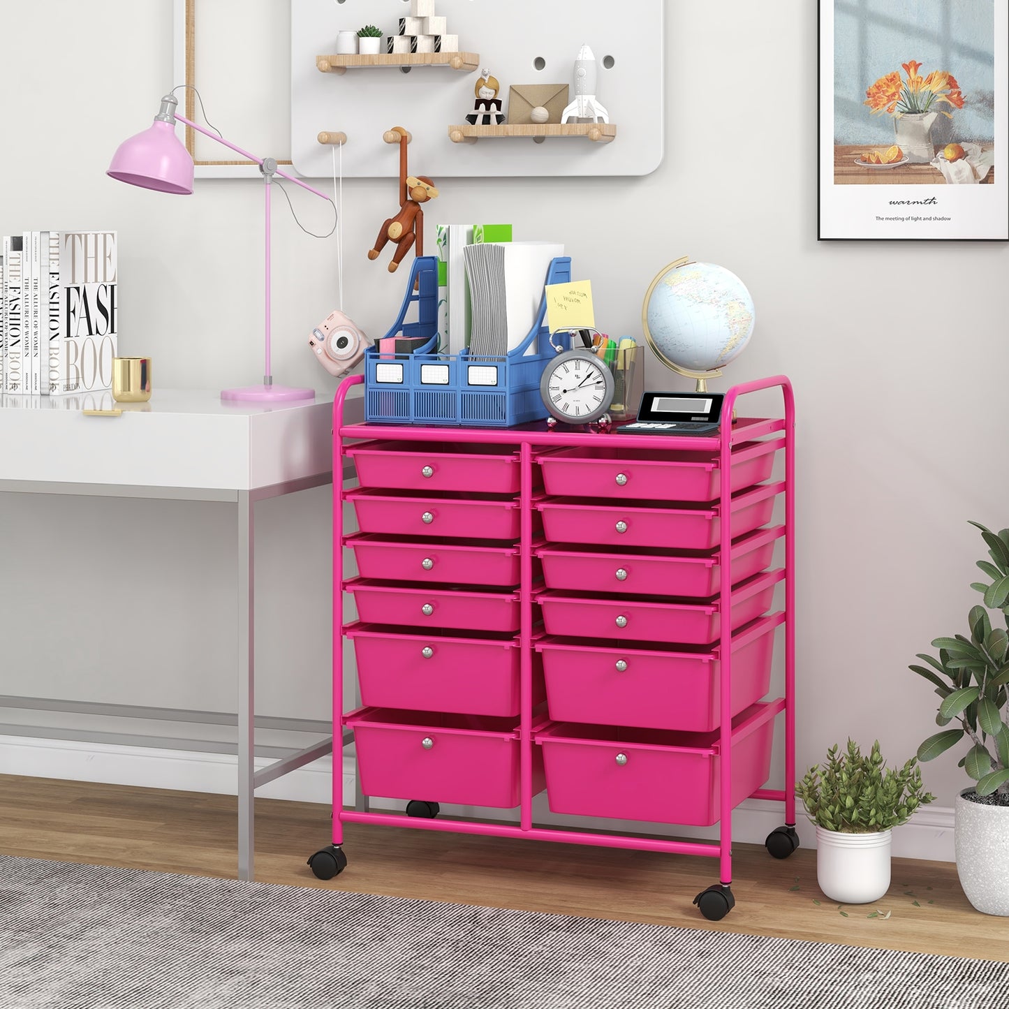 12-Drawer Rolling Storage Cart with Removable Drawers and Lockable Wheels, Rose Red File Cabinets   at Gallery Canada