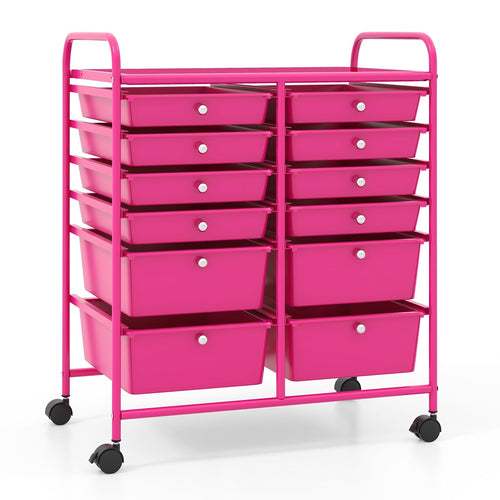 12-Drawer Rolling Storage Cart with Removable Drawers and Lockable Wheels, Rose Red