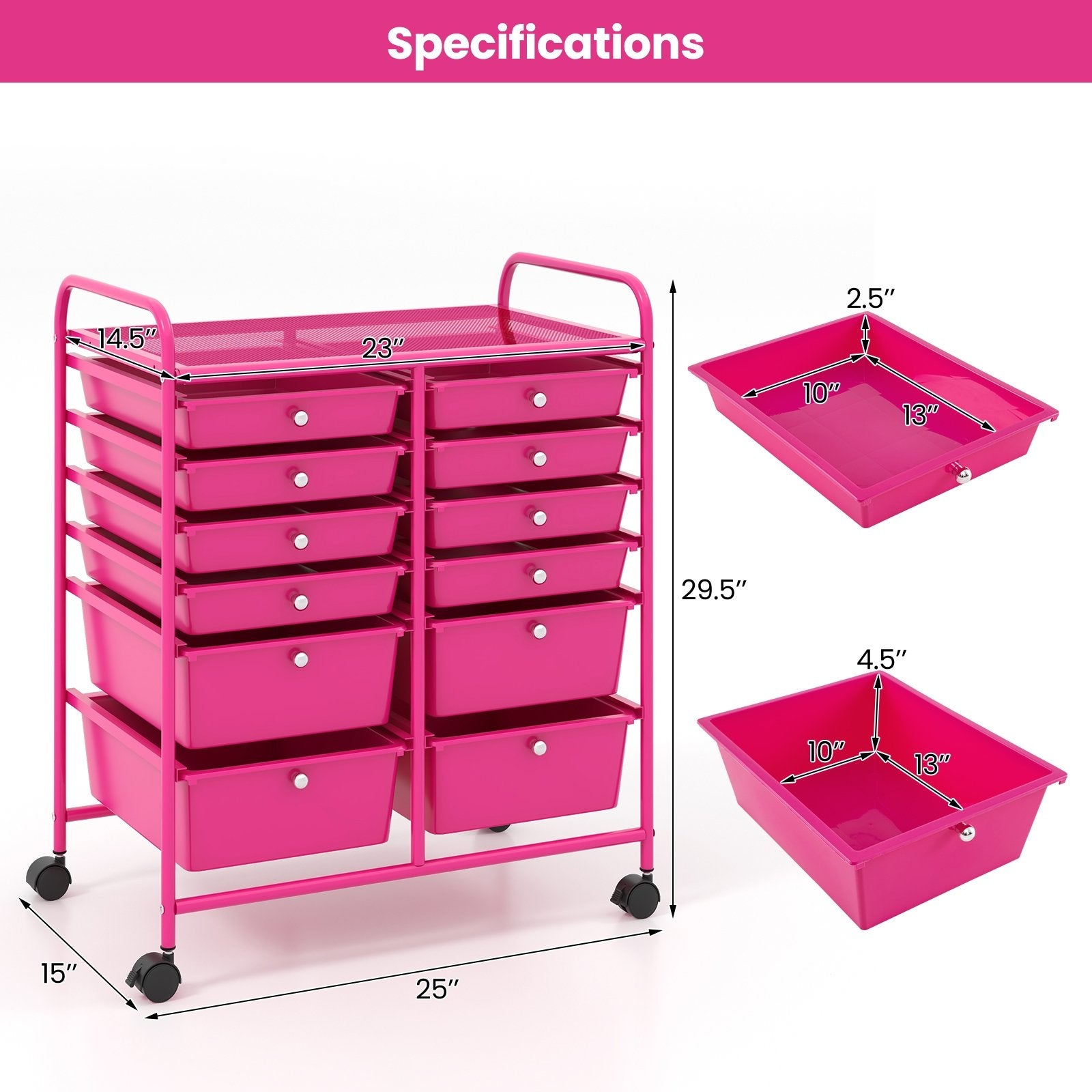 12-Drawer Rolling Storage Cart with Removable Drawers and Lockable Wheels, Rose Red File Cabinets   at Gallery Canada