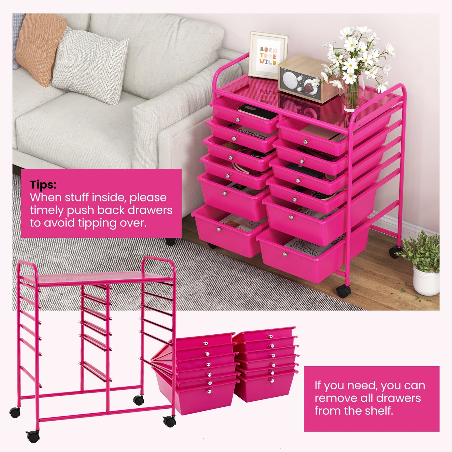 12-Drawer Rolling Storage Cart with Removable Drawers and Lockable Wheels, Rose Red File Cabinets   at Gallery Canada