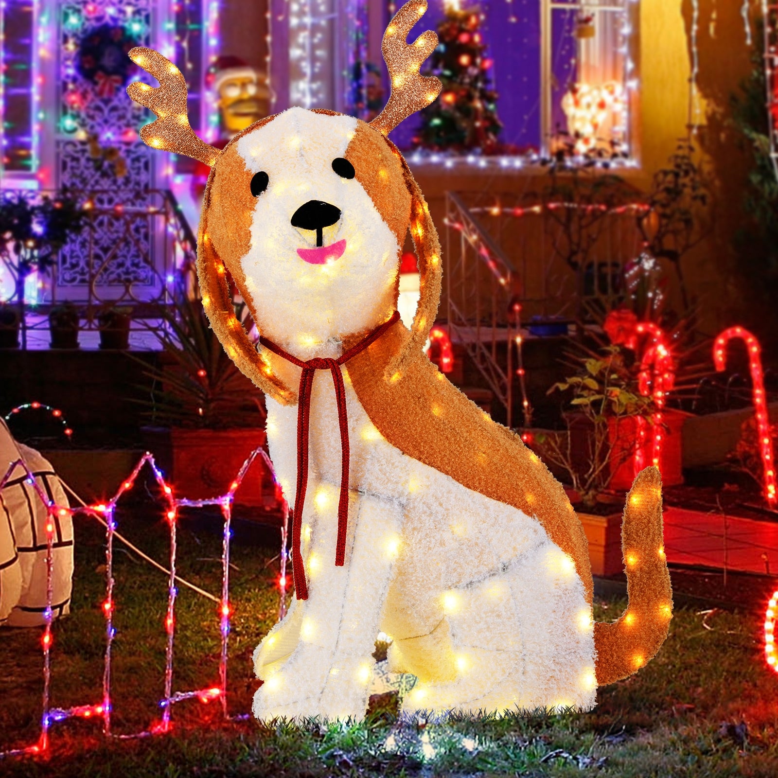 Lighted Christmas Dog with LED Lights Ground Stakes and Cable Tiers, Brown Christmas Decor & Accessories   at Gallery Canada