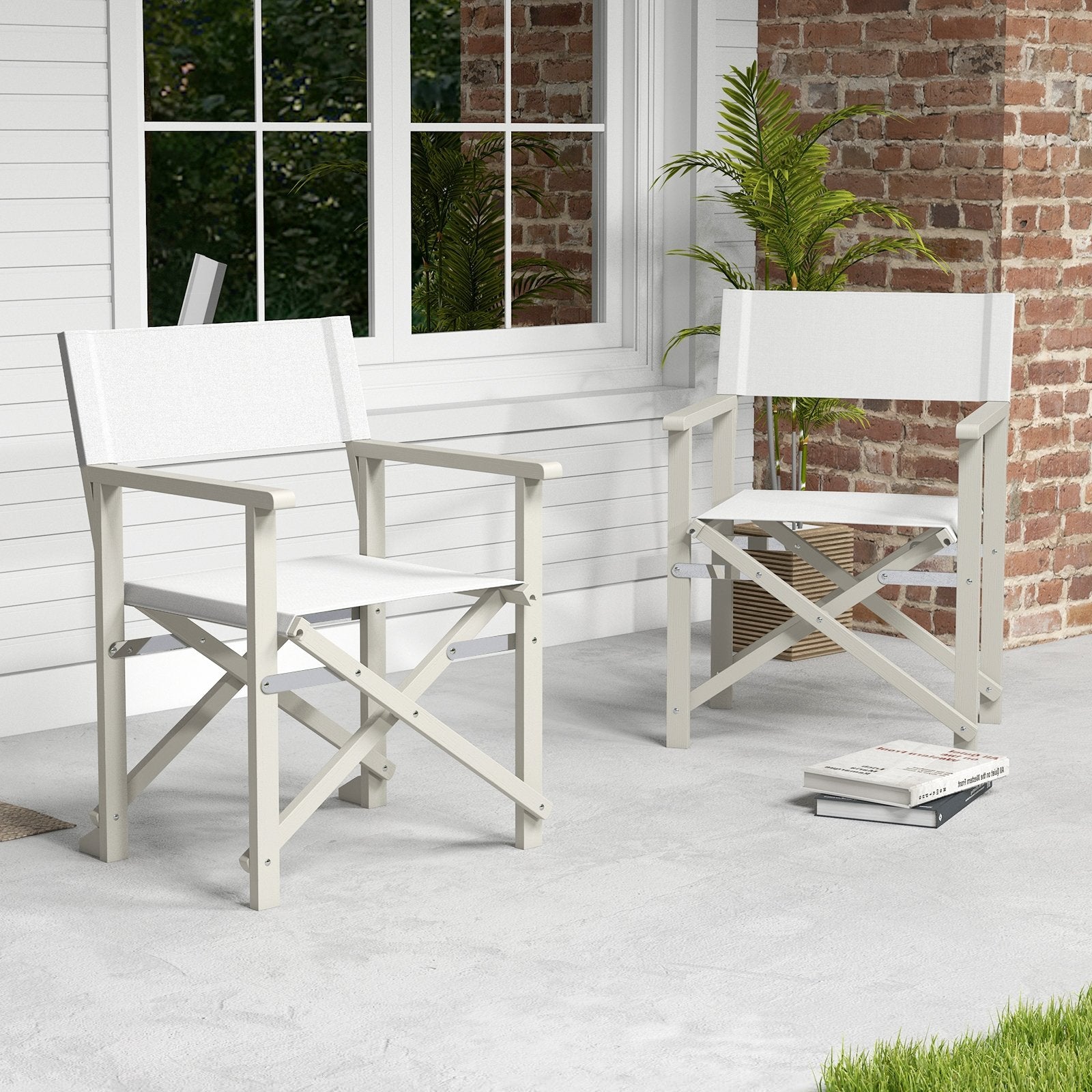 Folding Director Chair with Acacia Wood Frame and Machine Washable Oxford Fabric, Off White Patio Dining Chairs   at Gallery Canada