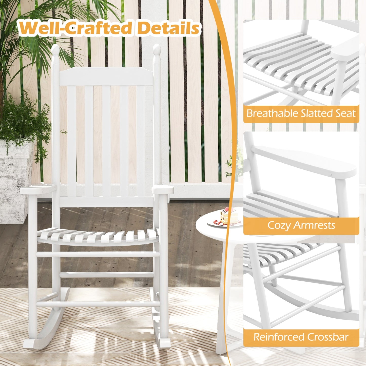 High-Back Acacia Wood Outdoor Rocking Chair with Solid Rocking Base, White Patio Rocking Chairs & Gliders   at Gallery Canada