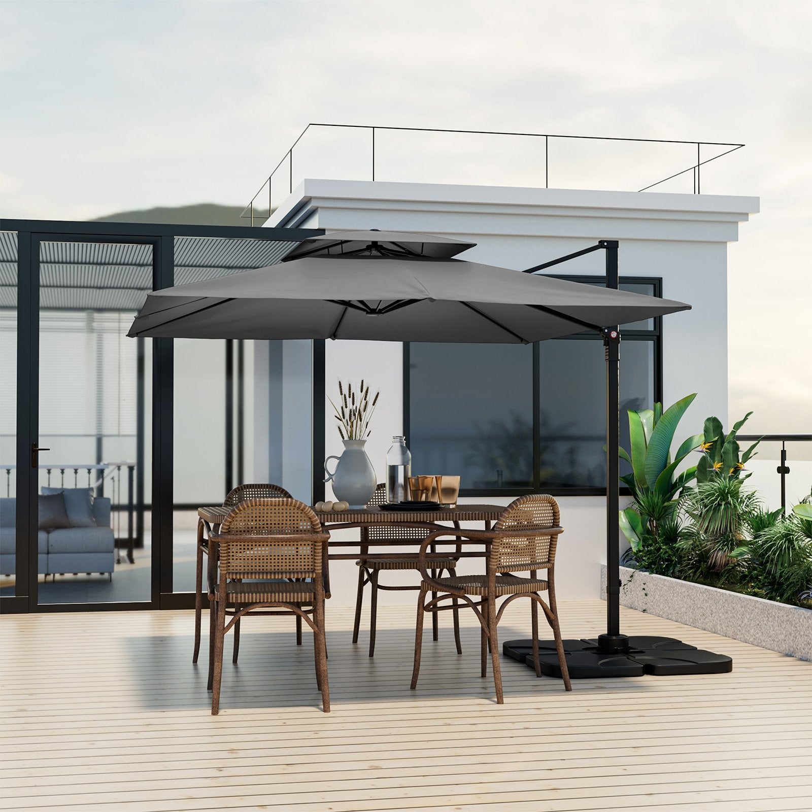 9.5 Feet Cantilever Patio Umbrella with 360° Rotation and Double Top, Gray Outdoor Umbrellas   at Gallery Canada