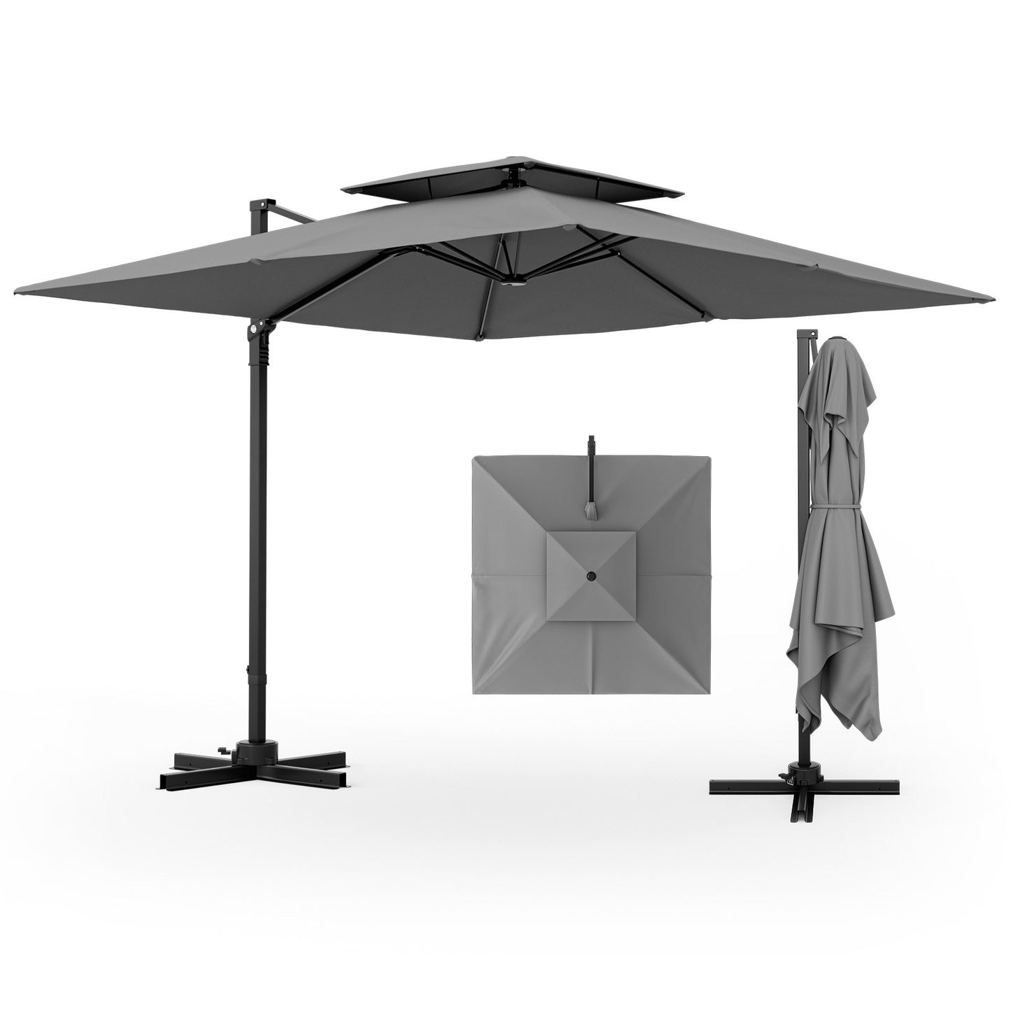 9.5 Feet Cantilever Patio Umbrella with 360° Rotation and Double Top, Gray Outdoor Umbrellas Gray  at Gallery Canada