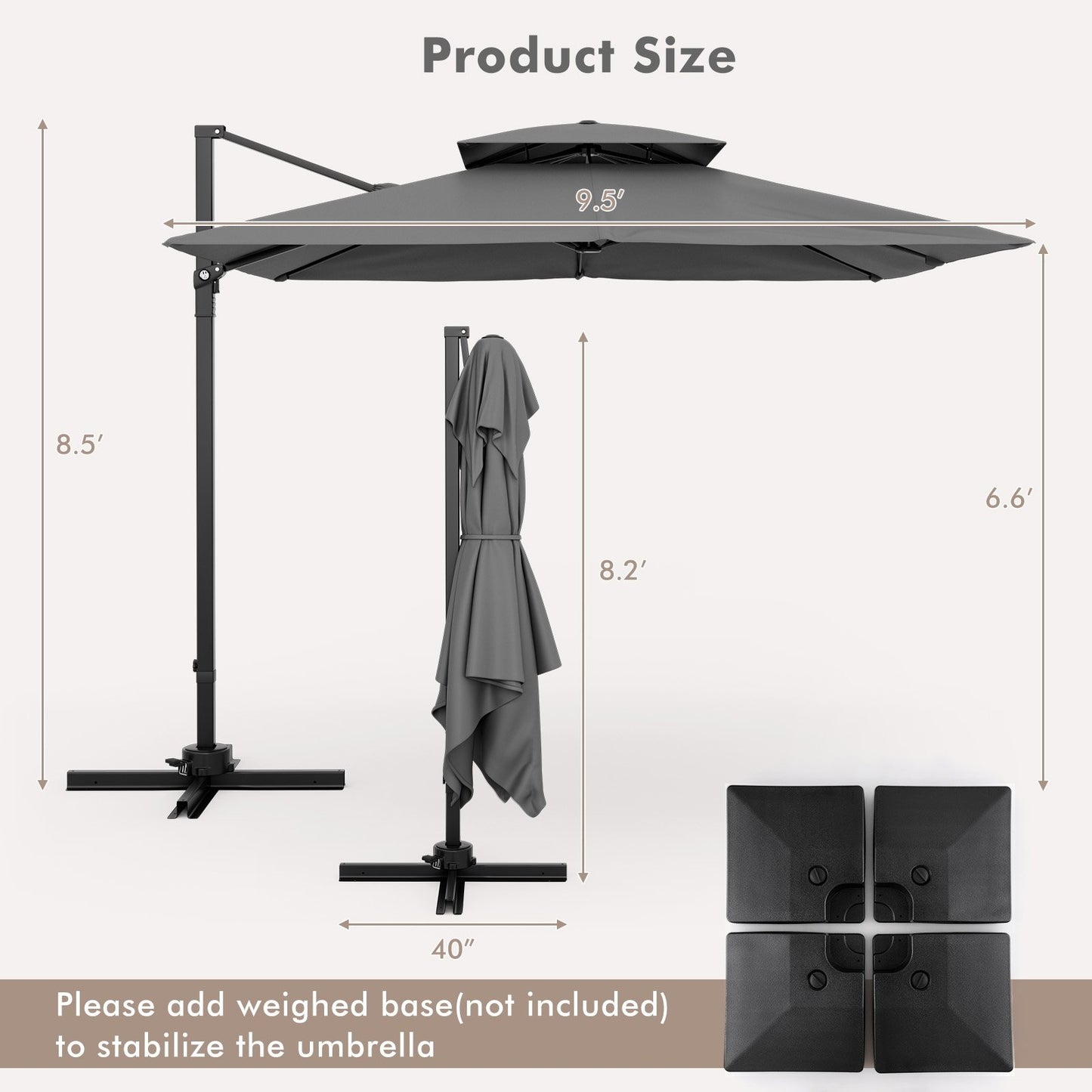 9.5 Feet Cantilever Patio Umbrella with 360° Rotation and Double Top, Gray Outdoor Umbrellas   at Gallery Canada