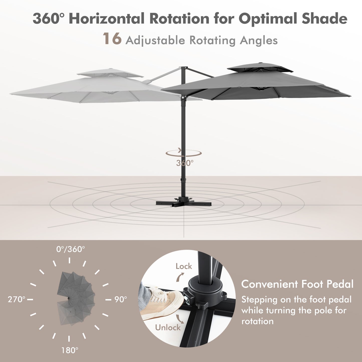 9.5 Feet Cantilever Patio Umbrella with 360° Rotation and Double Top, Gray Outdoor Umbrellas   at Gallery Canada