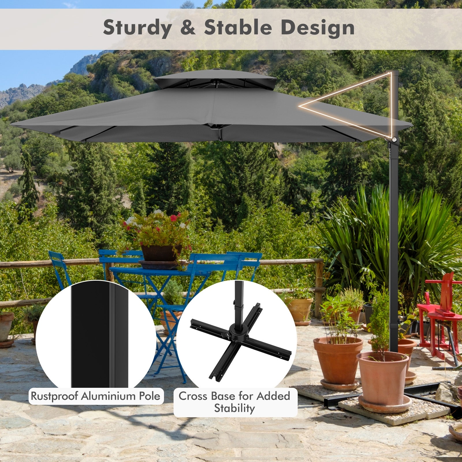 9.5 Feet Cantilever Patio Umbrella with 360° Rotation and Double Top, Gray Outdoor Umbrellas   at Gallery Canada