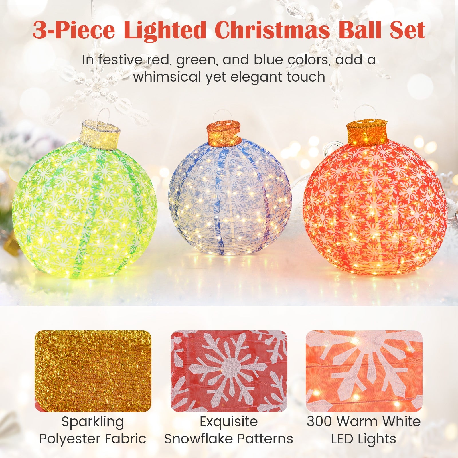 3-Piece Pre-Lit Pop up Christmas Ball Set with Warm White LED Lights Christmas Decor & Accessories   at Gallery Canada