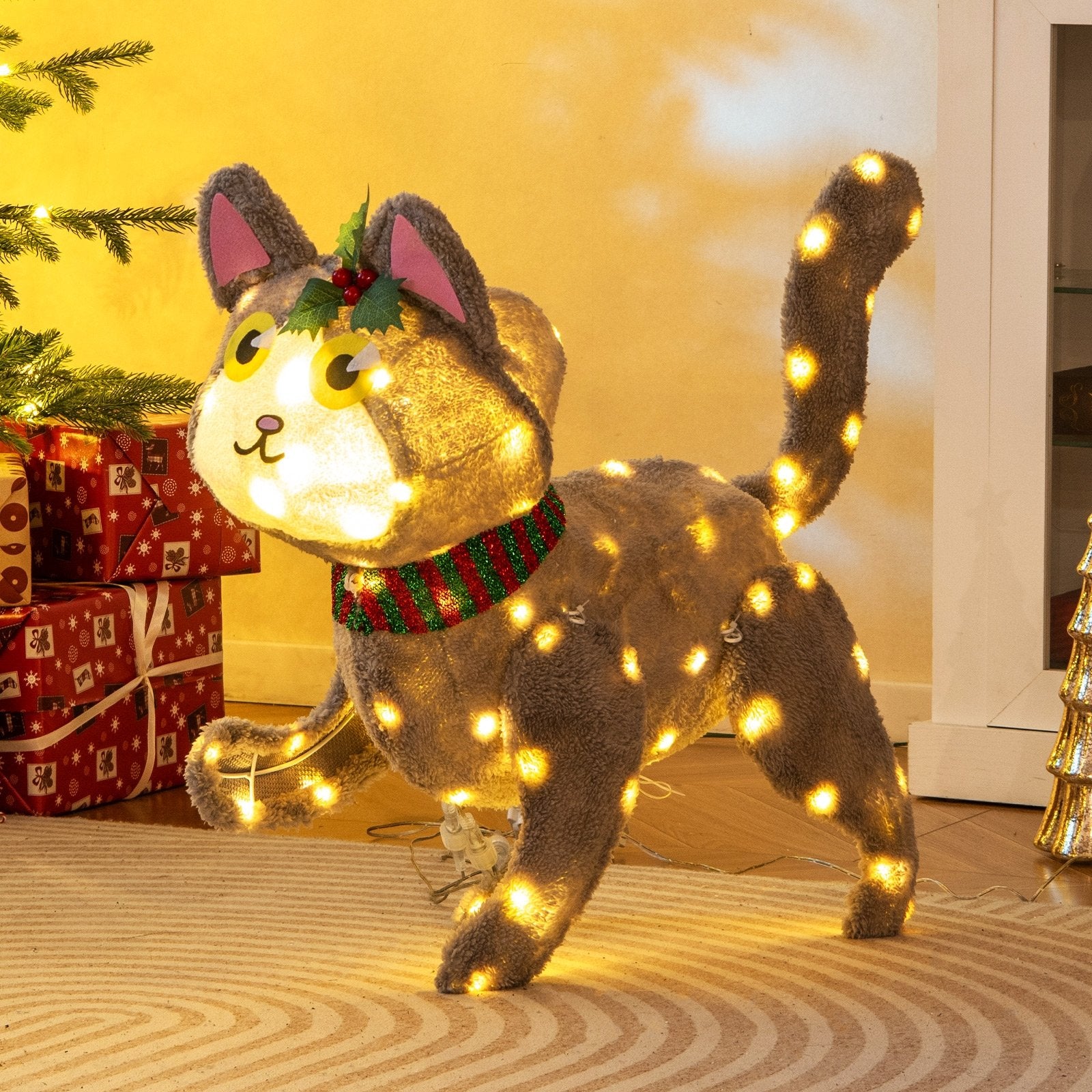 Pre-lit 88 LED Light Up 3D Cute Cat with Warm White Light and Plug Christmas Decor & Accessories   at Gallery Canada