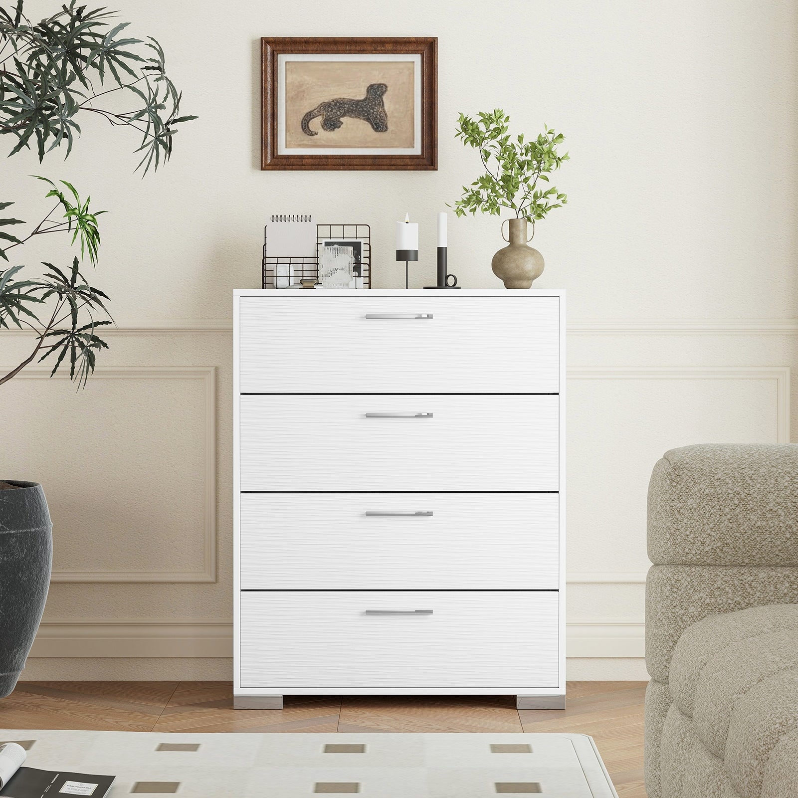 4 Drawer Storage Cabinet with Metal Legs Handles with Anti-Toppling Devices, White Cabinets & Chests   at Gallery Canada